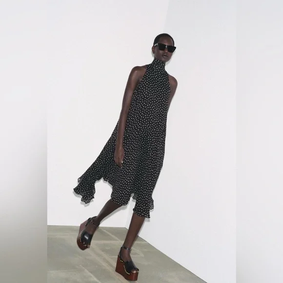 Zara ZW Collection Size Large Halter Polka Dot Sleeveless Midi Dress w/Scarf NEW - Picture 1 of 15